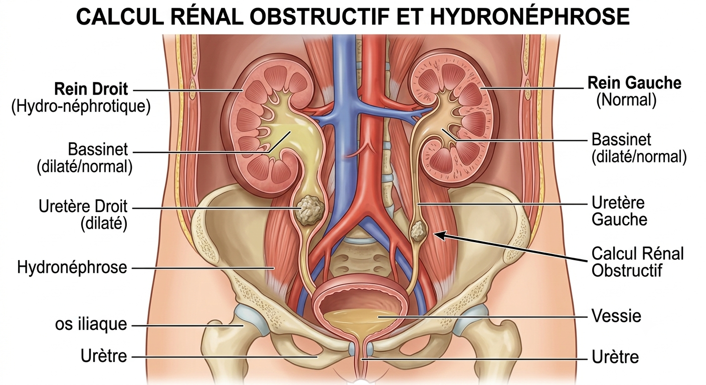 Schéma d'un calcul rénal obstructif provoquant une hydronéphrose